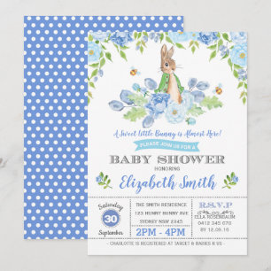 Invitation Bleu Floral Bunny Baby shower Woodland Boy Rabbit