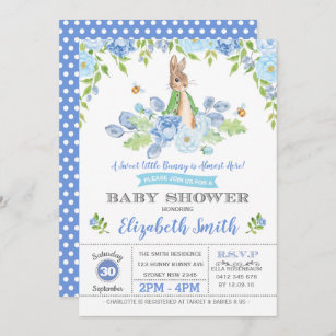 Invitation Bleu Floral Bunny Baby shower Woodland Boy Rabbit