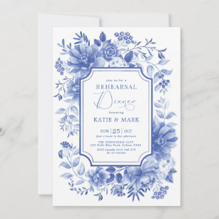 Invitation Bleu Floral Chinoiserie Porcelaine Dîner de répéti