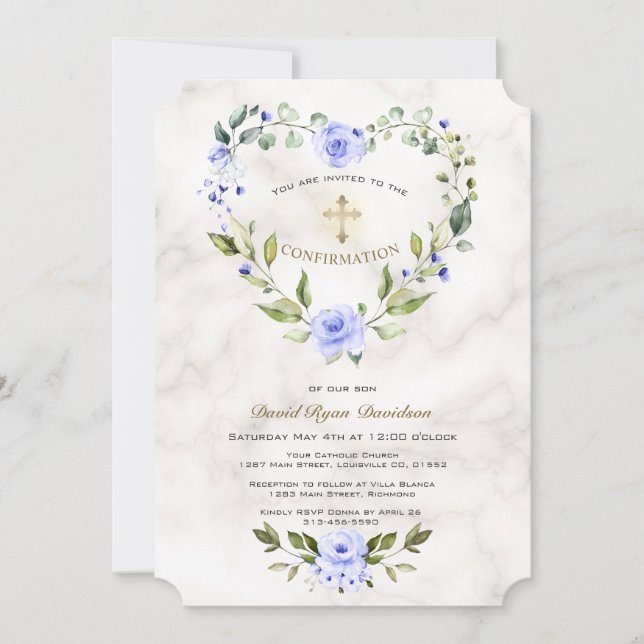 Invitation Bleu Floral Coeur Cadre Marbre Boy Confirmation (Devant)