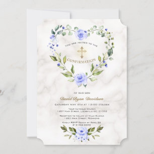 Invitation Bleu Floral Coeur Cadre Marbre Boy Confirmation