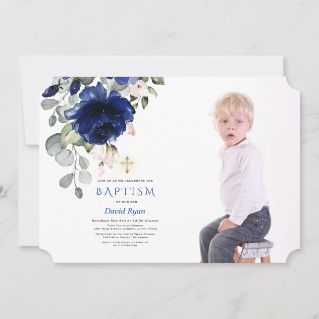 Invitation Bleu floral de la Marine tendance Boy Photo Or Bap (Devant)