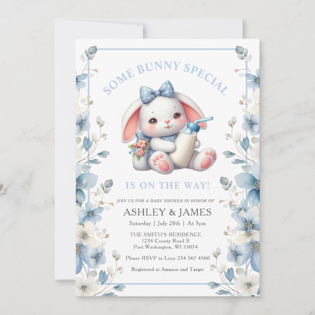Invitation Bleu Floral de lapin avec Baby shower de lait (Devant)