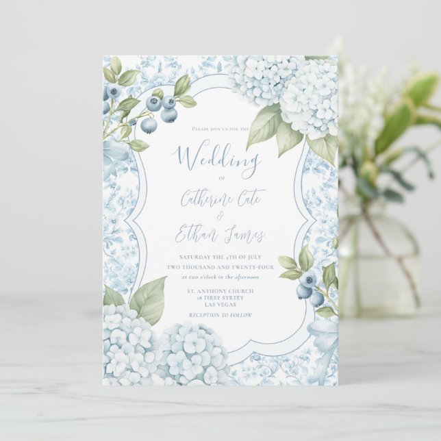Invitation Bleu Floral Élégant Mariage Hydrangea Bleue  (Debout devant)