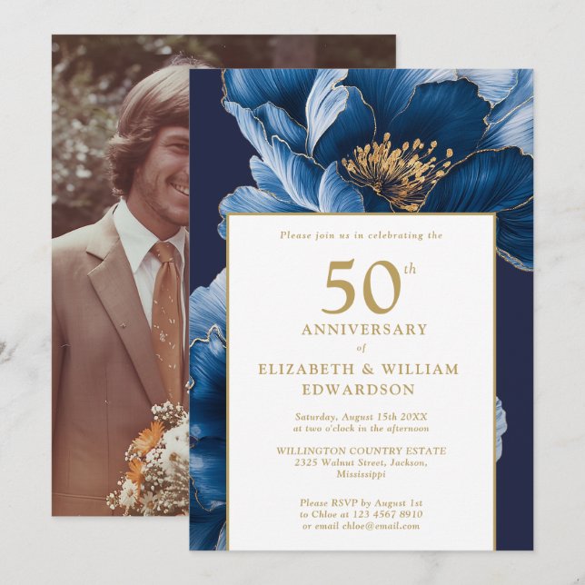 Invitation Bleu Floral Elégant Moderne 50ème Anniversaire Pho (Devant / Derrière)
