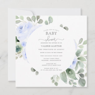 Invitation Bleu Floral Eucalyptus Baby shower botanique