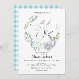 Invitation Bleu Floral Lapin Calligraphie Baby shower de prin