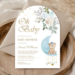 Invitation Bleu Floral Lune mignonne Teddy Bear Arch Baby sho