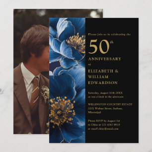 Invitation Bleu Floral Noir et Or 50ème anniversaire Photo
