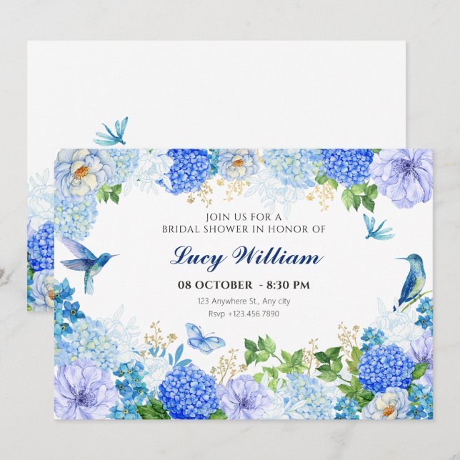 Invitation Bleu floral oiseau élégante nuptiale (Devant / Derrière)