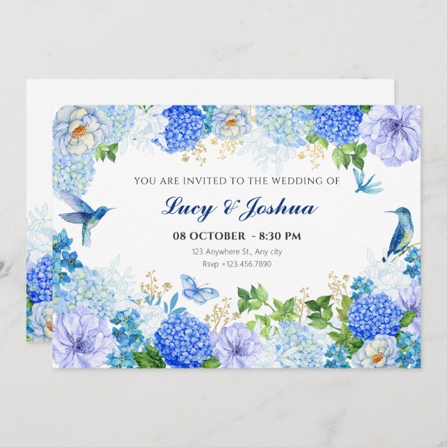 Invitation Bleu floral oiseau simple élégant mariage (Devant / Derrière)