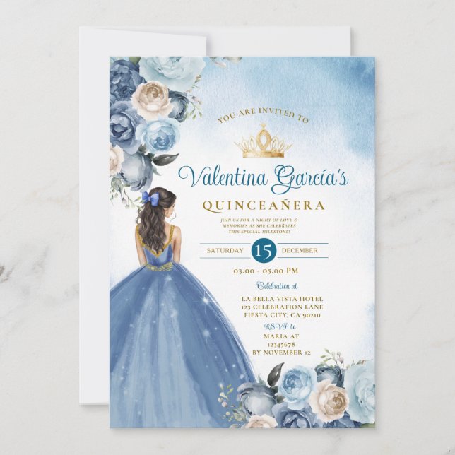 Invitation Bleu Floral Quinceañera 15 Anos Gold Parties scint (Devant)