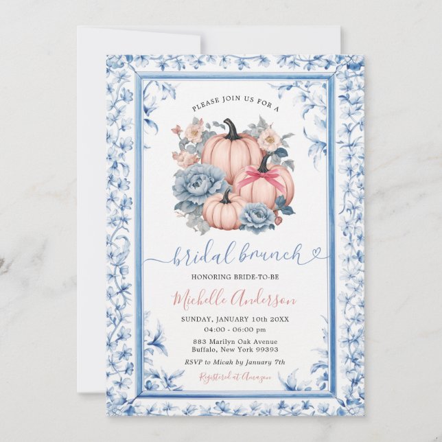 Invitation Bleu Floral rose Citrouille Chinoiserie Bridal Bru (Devant)