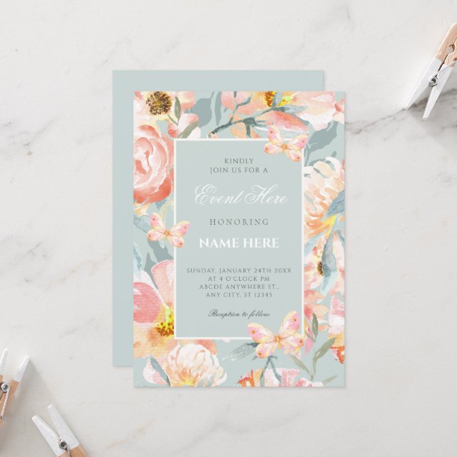 Invitation Bleu floral rose pastel  (Devant/Arrière en situation)