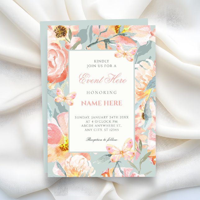 Invitation Bleu floral rose pastel  (Créateur téléchargé)