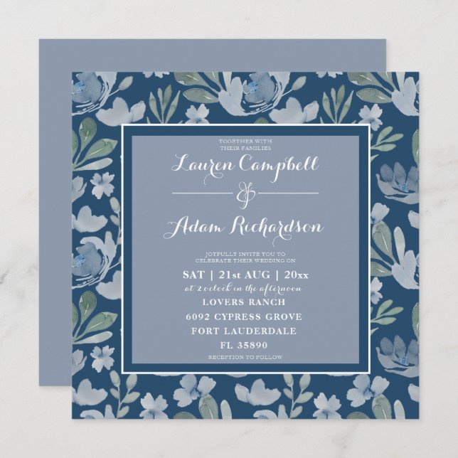 Invitation Bleu floral rustique et Mariage floral Turquoise I (Devant / Derrière)