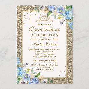 Invitation Bleu Floral Sparkle Quinceanera