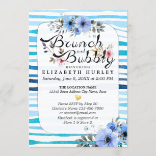 Invitation Bleu Floral Stripes Brunch & Bubbly Fête des marié