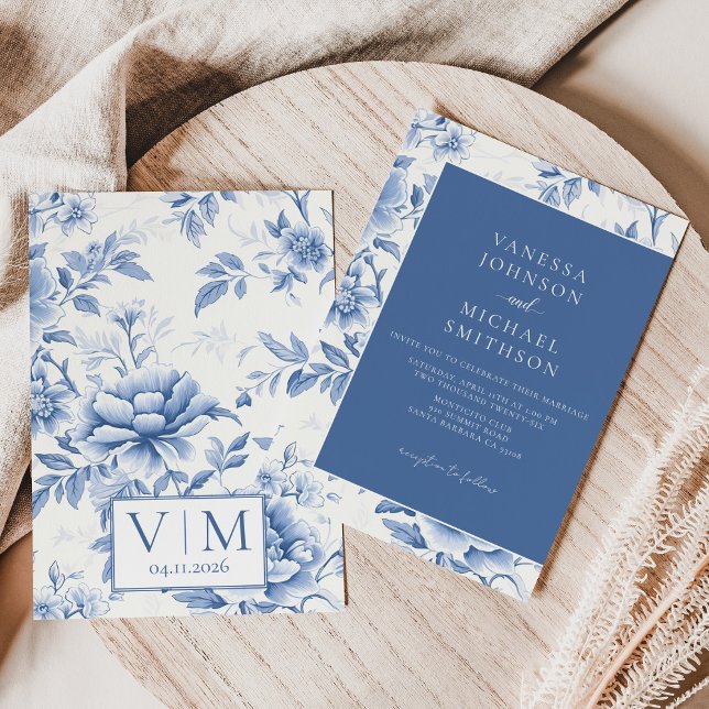 Invitation Bleu Floral Toile de Jouy Blanche (Créateur téléchargé)