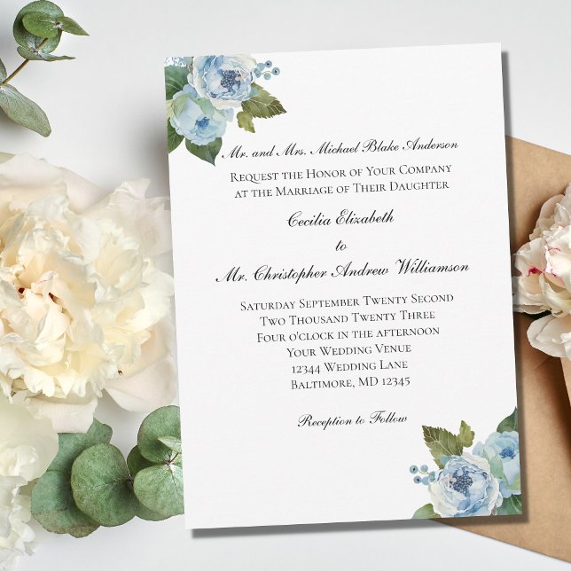 Invitation Bleu Floral Vert Élégant Mariage formel (Créateur téléchargé)