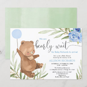 Invitation Bleu floral vert ours ballon garçon baby shower