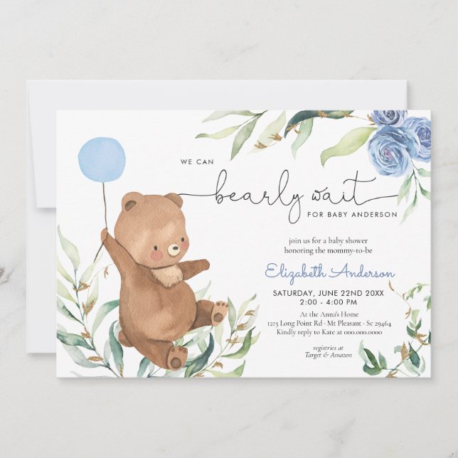 Invitation Bleu Flore Vert Ours Balloon Baby shower garçon (Devant)