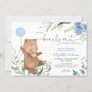 Invitation Bleu Flore Vert Ours Balloon Baby shower garçon