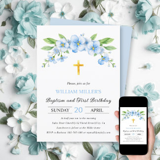 Invitation Bleu flores or croix baptême et premier anniversai