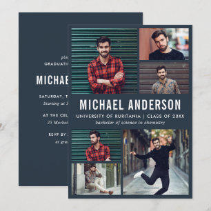 Invitation Bleu foncé 6 Photo Chalkboard Graduation Party