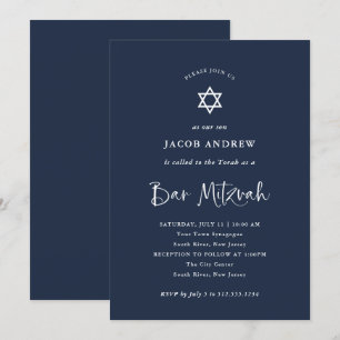 Invitation Bleu foncé avec calligraphie blanche   Bar Mitzvah
