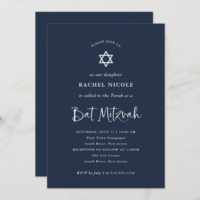 Invitation Bleu foncé avec calligraphie blanche | Bat mitzvah (Devant / Derrière)