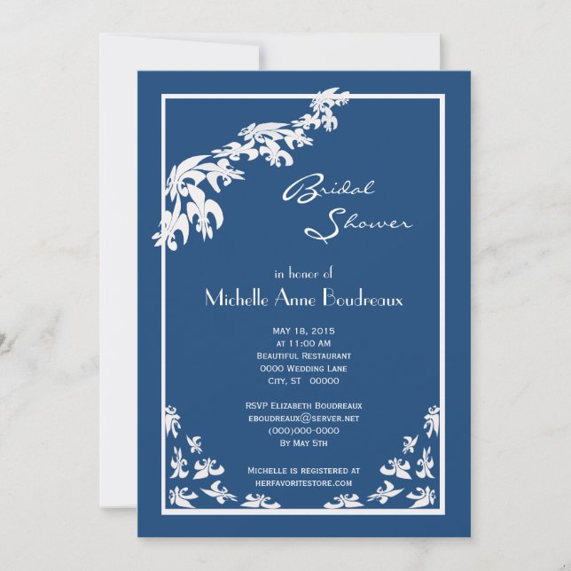 Invitation Bleu foncé Blanc Fleur de Lis Fête de l'mariée mod (Devant)