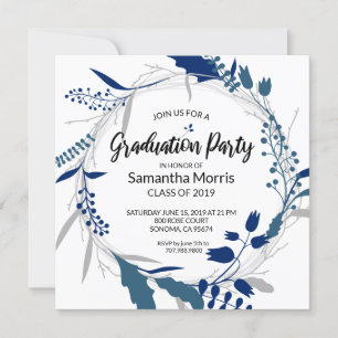 Invitation Bleu foncé Boho Floral Wreath Party