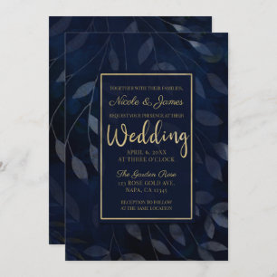 Invitation Bleu foncé Botanique Feuille Moderne Chic Mariage