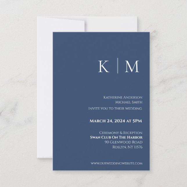 Invitation Bleu foncé et blanc-Monogramme-Mariage- (Devant)