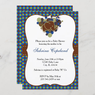 Invitation Bleu foncé et éléphant bébé Brown  Baby shower