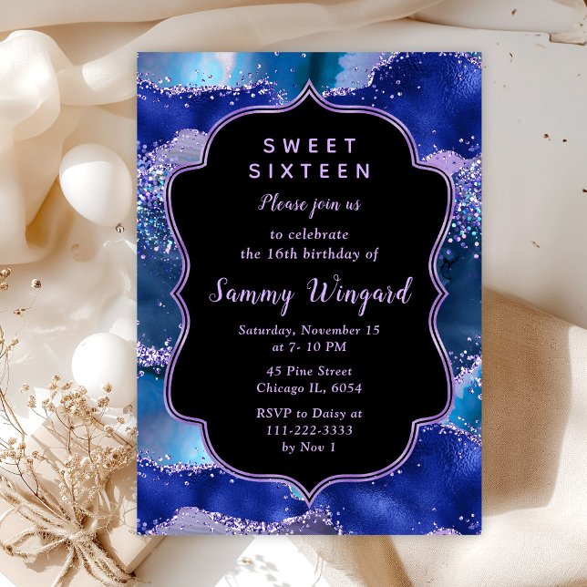 Invitation Bleu foncé et violet Sweet sixteen d'agate océaniq (Créateur téléchargé)