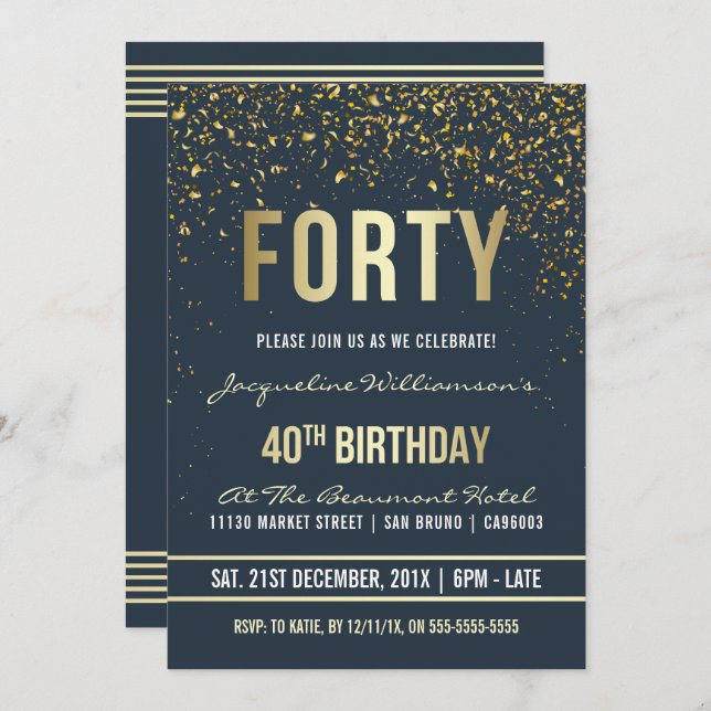 Invitation Bleu foncé | Gold Confetti 40e fête d'anniversaire (Devant / Derrière)