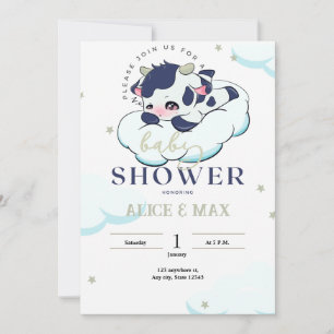 Invitation Bleu foncé gris Sleepy Vache Blanc Cloud Baby show