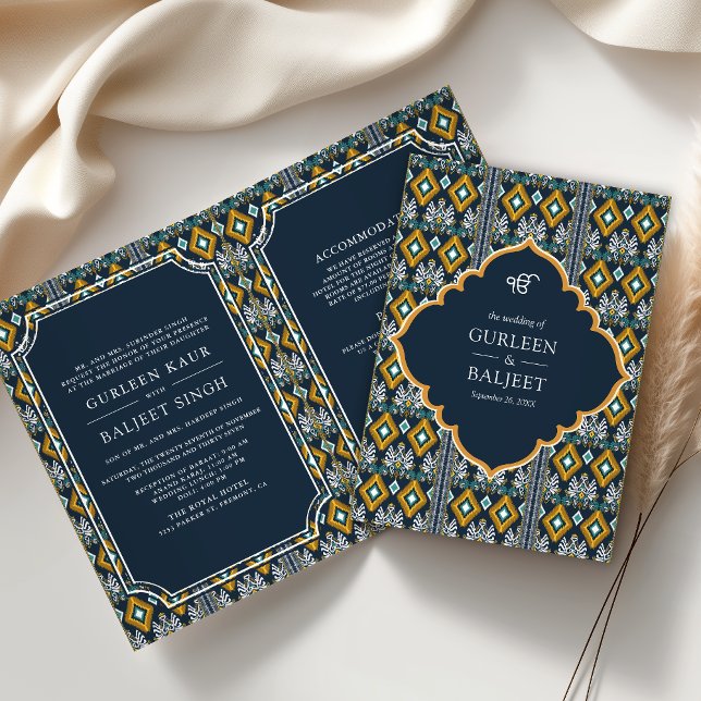 Invitation Bleu foncé Ikat jaune tout en un Mariage sikh (Créateur téléchargé)