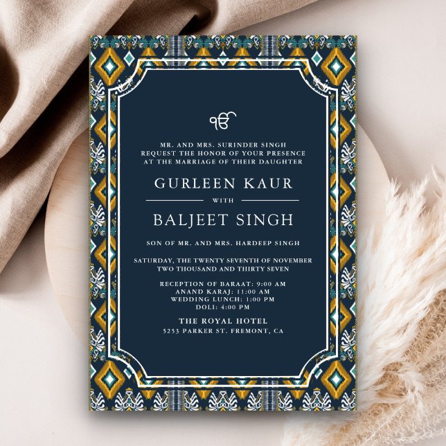 Invitation Bleu foncé Jaune Ikat Anand Karaj Sikh Mariage (Créateur téléchargé)