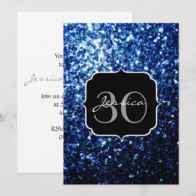 Invitation Bleu foncé profond brillant faux paillettes scinti (Devant / Derrière)