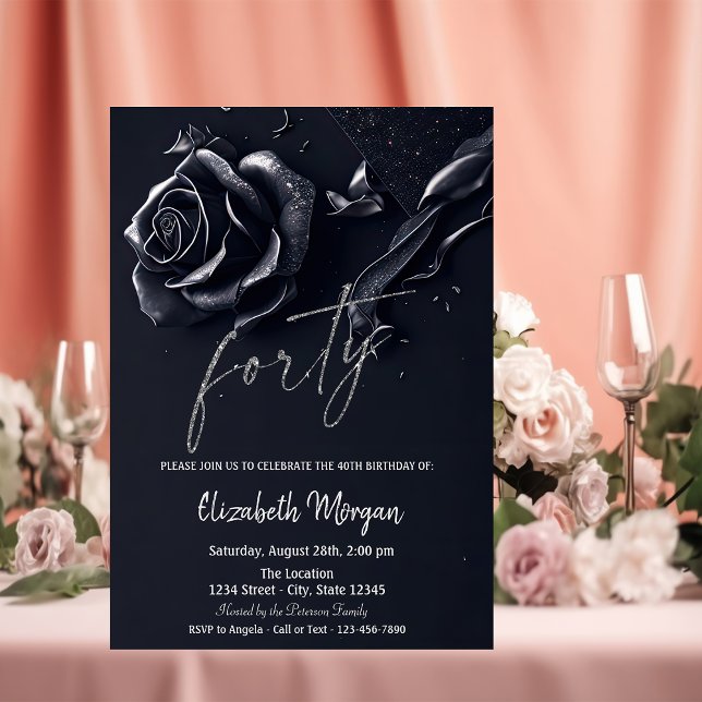 Invitation Bleu foncé Rose gothique 40e anniversaire (Créateur téléchargé)