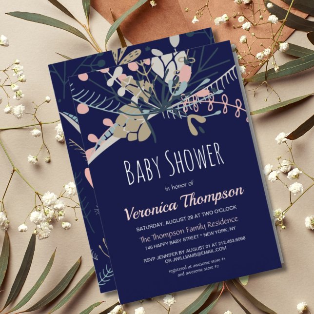 Invitation Bleu foncé rustique & Baby shower botanique pastel (RUSTIC DARK BLUE BOTANICAL BABY SHOWER INVITATION)