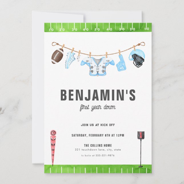 Invitation Bleu Football Anniversaire Première année en bas 1 (Devant)