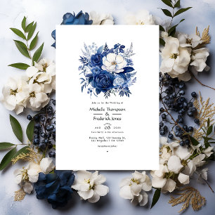 Invitation Bleu Français, Blanc Vintage & Mariage Floral Navy