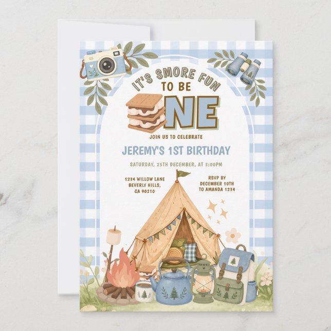 Invitation Bleu gingham S’more Amusement d'être un premier an (Devant)