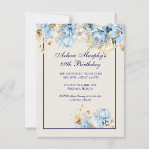 Invitation Bleu glacé et marine Floral Anniversaire