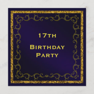 Invitation Bleu & Gold Man's Double Side 17th Birthday