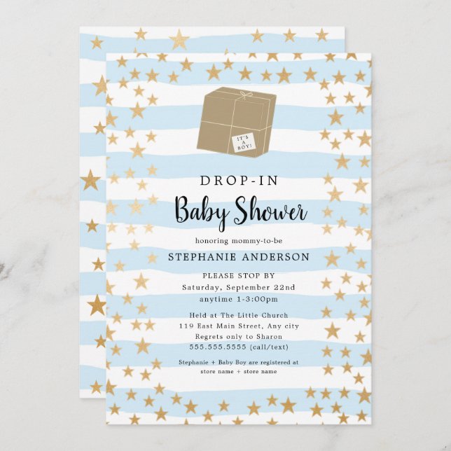 Invitation Bleu + Gold Star DROP-IN Baby shower garçon (Devant / Derrière)